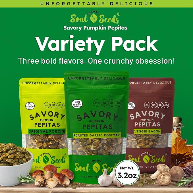Soul Seeds Pumpkin Seeds Variety Pack – Organic Pepitas Snack Pack with Porcini, Garlic Rosemary & Veggie Bacon Flavors, Savory Vegan Seed Snacks, Crunchy Roasted Topping, 3 Pack 3.2 oz