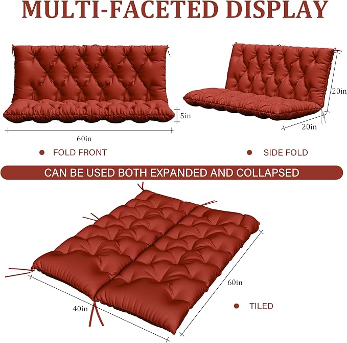 Porch Swing Cushion with Backrest,Waterproof Bench Cushion for Outdoor Furniture,2-3 Seater Replacement Thickened 5 in swing cushion,with Ties,Patio,Outdoor,Backyard and Garden (Terra Red,60x40 in)