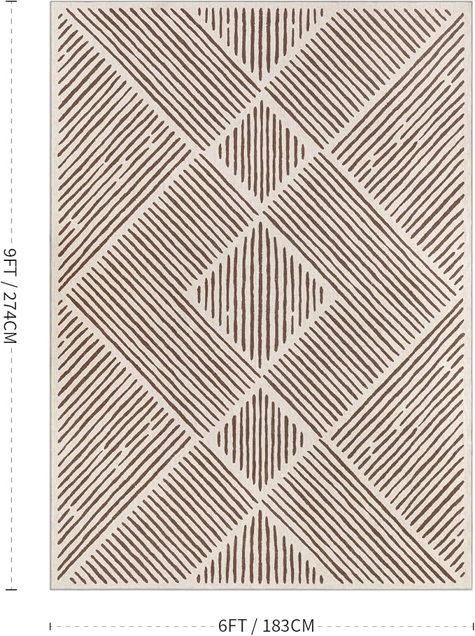 6‘x9' Washable Brown and Cream Area Rug for Living Room | Non-Slip, Soft, Low Pile, Stain Resistant, Large Farmhouse Geometric Stripe Tan Rug for Bedroom Dining Room