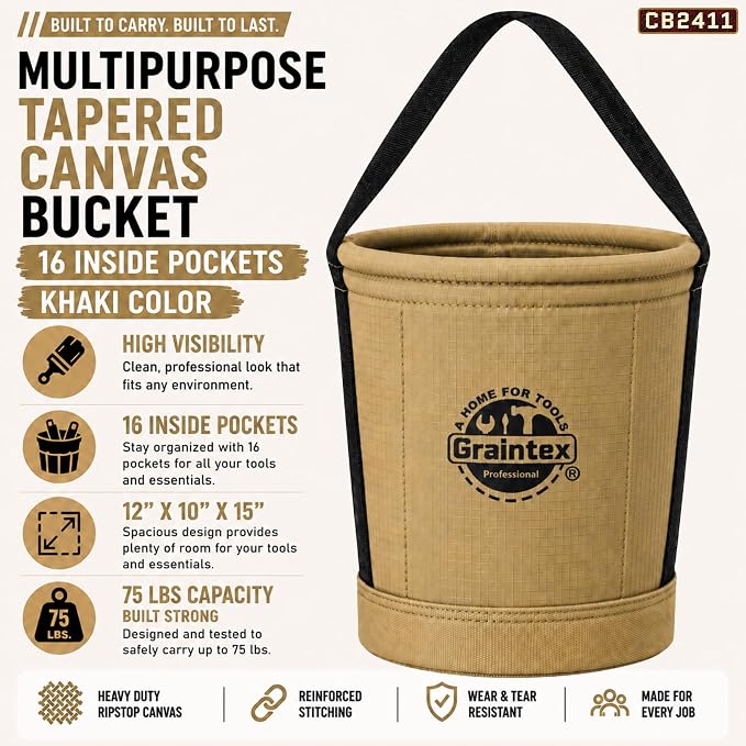 Graintex Tapered Canvas Bucket 12"x10"x15", Utility Tool Bucket 16 Inside Pockets, Reinforced Base & Carry Handle, Ripstop Canvas, Multi-Purpose Bag for Jobsite & Home Use for Tool Storage Solutions