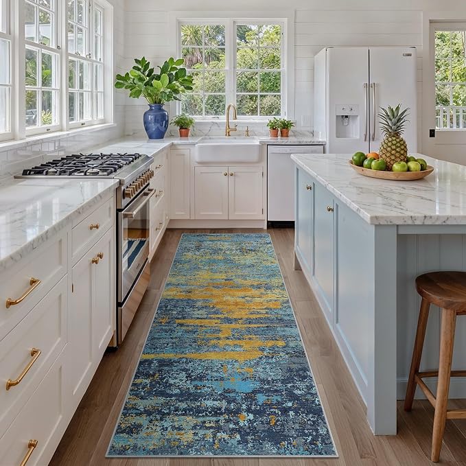 BEIMO 2'6''X7 Non Slip Runner Rugs for Hallway, Wave Abstract Blue Orange | Soft Machine Washable Modern Runners,Streaks Pattern Indoor Marble Carpet for Kitchen Laundry Room Bedroom Bathroom