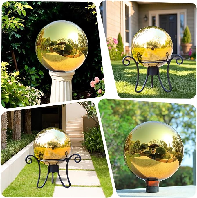 VCUTEKA Gazing Ball, Garden Gazing Globe for Outdoor Yard Decor, 10" Gold | Garden Globes, Glass Mirror Polished Hollow Ball Reflective Garden Sphere for Home Garden Lawn Outdoor Yard Decorative