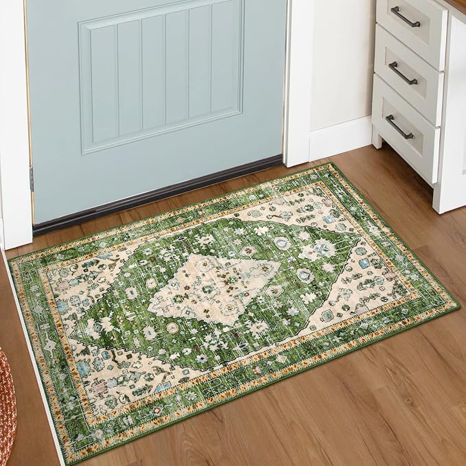 Lahome Felice Boho Tribal Area Rug, 2x3 Small Green Rug for Entryway, Soft Non Slip Washable Bathroom Mat Bohemian Low Pile Indoor Floor Door Carpet for Entryway Chair Bedroom Living Room, Green