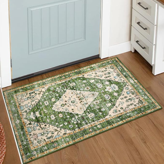 Lahome Felice Boho Tribal Area Rug, 2x3 Small Green Rug for Entryway, Soft Non Slip Washable Bathroom Mat Bohemian Low Pile Indoor Floor Door Carpet for Entryway Chair Bedroom Living Room, Green