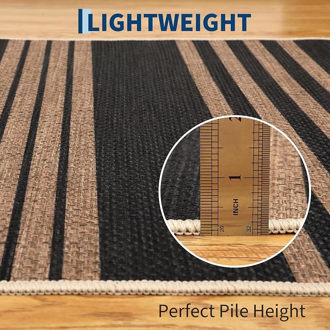 Garvee 2x6 Easy Jute Kitchen Rugs Washable Rugs for Hallway, Black & Brown | Modern Line Print Area Rug Stain Resistant Easy Cleaning Throw Rugs Low Pile Floor Cover for Bedroom Laundry