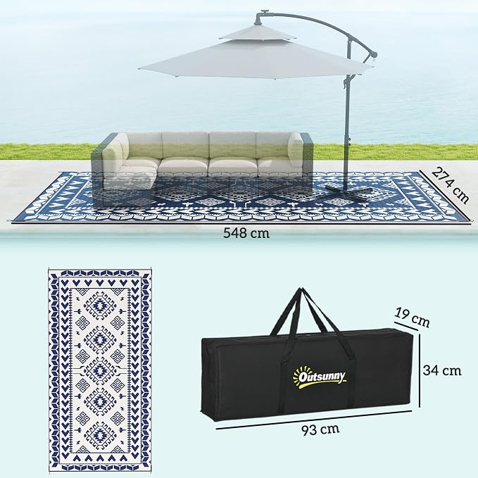 Outsunny Outdoor Rug for Patio, 9' x 18' Waterproof Large Mat, Reversible Plastic Straw Rug for Decor, Portable Outside RV Camping Area Carpet Mat for Backyard Porch Deck Picnic, Blue & White Rhombus