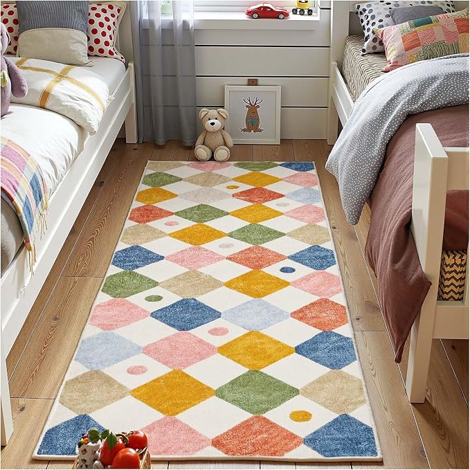 jinchan 2x6 Runner Rug Colorful Checkered Washable Kids Rug Playful Hallway | Soft, Non-Slip, Cute, Fun, Unique, Kid-Friendly, Modern Diamond, Cream Background, Nursery, Bedroom, Kitchen, Laundry Room
