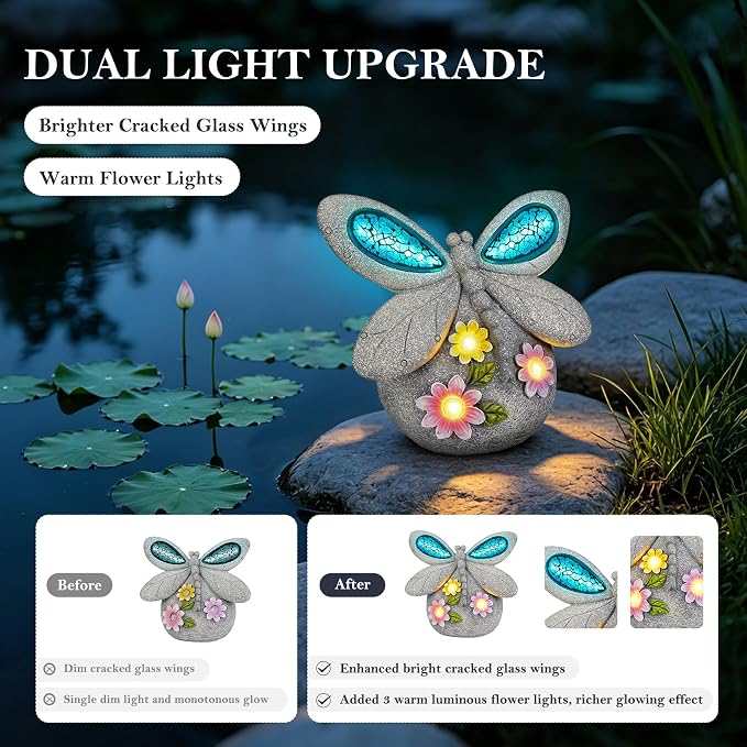 Dragonfly Garden Decor with Solar Cracked Glass Wings & Flower Lights | Solar Outdoor Statue for Patio, Lawn, Yard Ornament Eco-Friendly Housewarming, Birthday Gift for Women