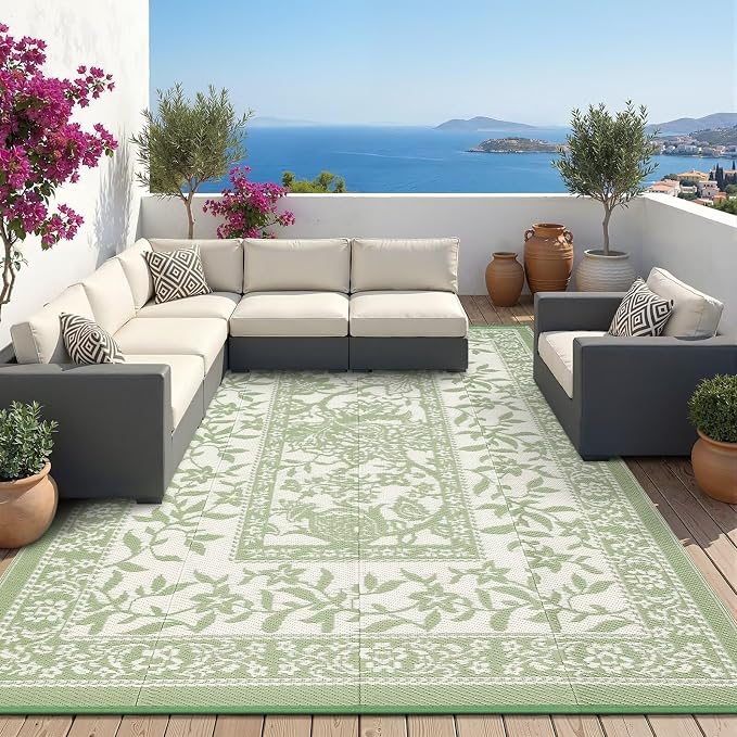 Garvee Outdoor Rug 5x8, Waterproof Reversible Foldable Plastic Straw Rug, Botanical Cottagecore Outdoor Rugs Patio Camping RV Carpet for Deck Camper Porch Balcony Backyard Picnic Beach Gray Sage Green