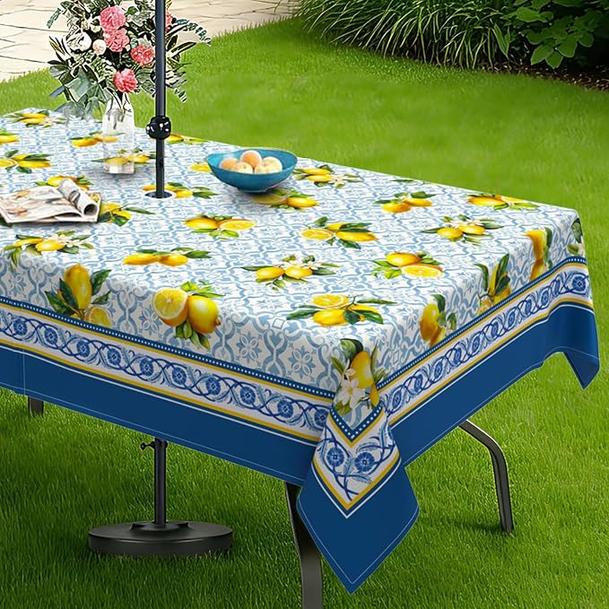 Lemon Outdoor Tablecloth with Umbrella Hole 60" x 84" Waterproof Zipper Table Cloth for Patio Table - Ideal Tablecloths for Picnics, Camping, and Yard Use