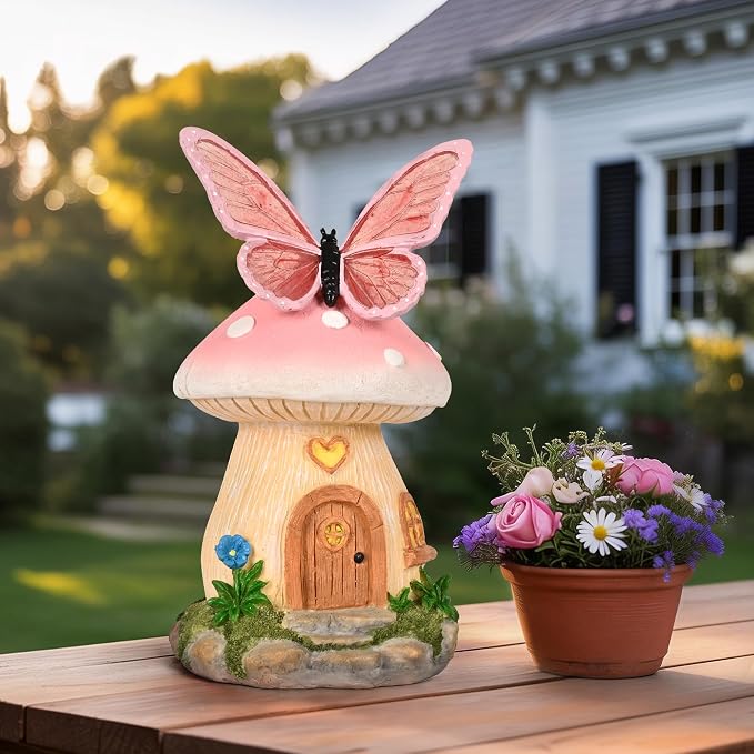 GIGALUMI Fairy Garden Houses Mushroom 9.3",Garden Statues,Fairy Houses for Outside, Butterfly House, Mushroom Decor for Yard, Patio and Birthday Gifts for Mom Women（Pink）