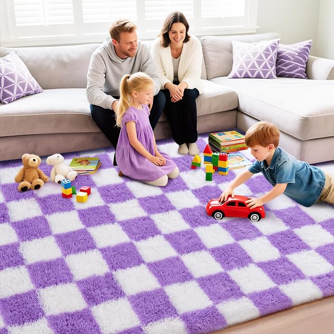Checkered Rug for Living Room 8x10, Ultra Fluffy Fuzzy Shag Large Area Rug for Bedroom, Modern Plush Soft Upgrade Non-Slip Carpet for Kids Girls and Boys Room Dorm Home Decor, White and Purple