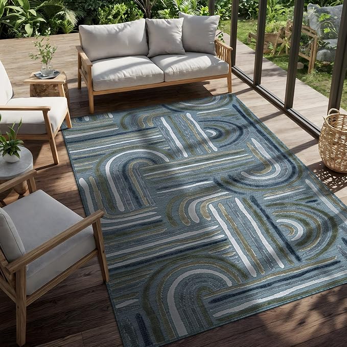 CAMILSON Indoor Outdoor Rug, Aqua 10x14 Geometric Arch Striped Large Area Rugs for Patio and Home Areas, Easy-Cleaning Non-Shedding Living Room, Garden and Deck Washable Outside Carpet (10 x 14)