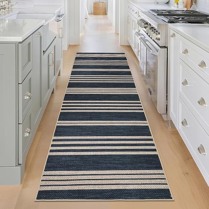 Garvee 2x6 Easy Jute Kitchen Rugs Washable Rugs for Hallway, Navy | Modern Line Print Area Rug Stain Resistant Easy Cleaning Throw Rugs Low Pile Floor Cover for Bedroom Laundry
