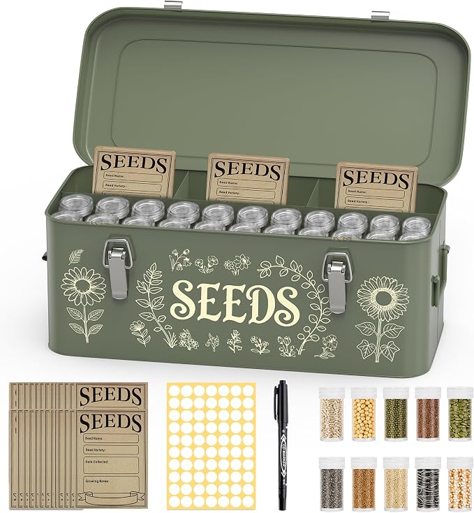 Metal Seed Storage Organizer, 4 Compartment Locking Seed Saving Box | Includes 30 Bottles & Envelopes, Dark Green Vintage Garden Seed Organizer for Flower Vegetable Heirloom Seeds