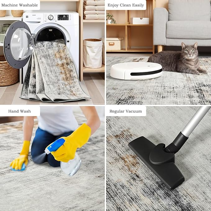 Toneed Washable 2x3 Grey/Brown Area Rug with Non-Slip Backing for Entryway | Abstract Modern Small Throw Rugs, Soft Low Pile Door Mat for Bedroom Kitchen Hallway Indoor Floor Home Decor