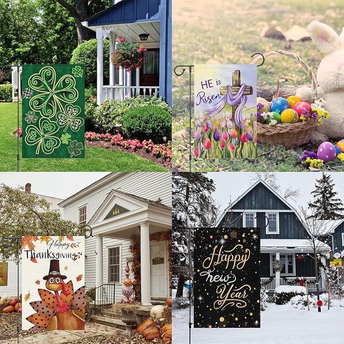 Louise Maelys All Season Garden Flag Set of 12 Double Sided 12x18 Inch Seasonal Small Burlap Welcome Fall Halloween Christmas Winter Yard Decoration Outdoor Outside House