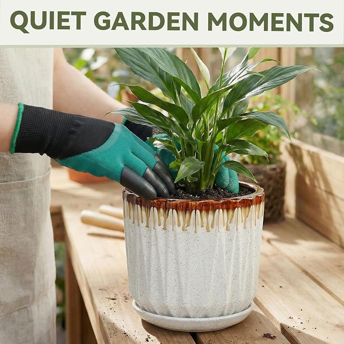 10 Inch Ceramic Planter Pot with Saucer Drainage Leak-Proof Mesh,Flower Pots for Indoor Plants with Gardening Gloves,Ceramic Planter(Linen White)