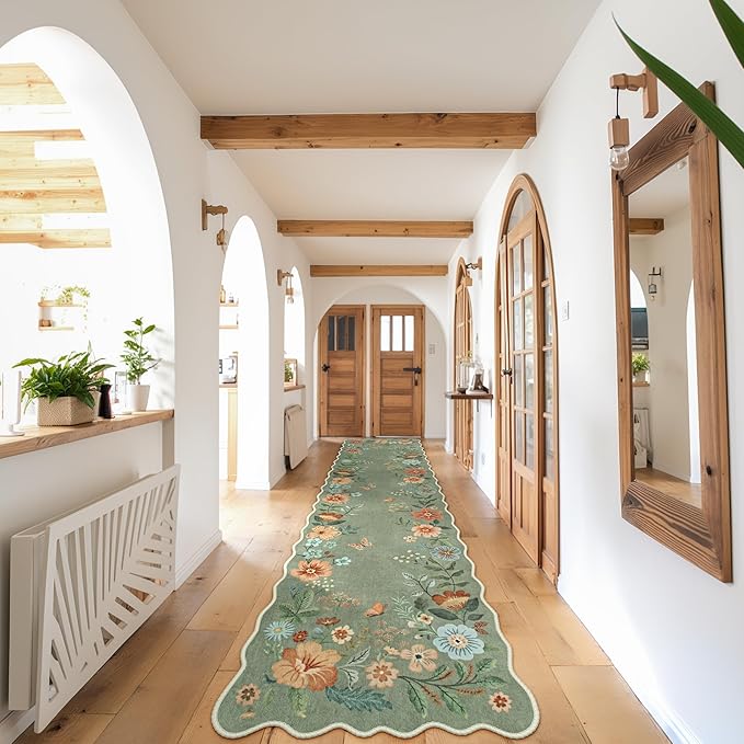 Lahome Floral Hallway Runner Rug Non Slip, 2'6''x10' Washable Runner Rug | Soft Kitchen Runners for Hallways, Distressed Carpet for Entryway Bathroom Flore (Green)