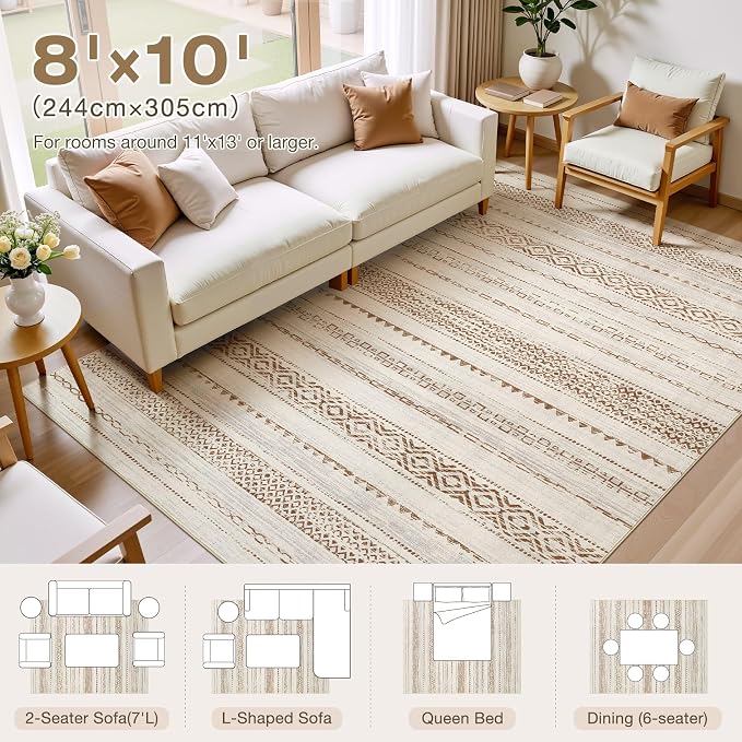 kakania Washable 8x10 Area Rug for Living Room: Boho Geometry Home Decor | Soft Stain Resistant, Low-Pile, Non-Slip, Pet & Kid Friendly, Thin Rug for Bedroom/Dining Room/Kids Dorm - Square Brown