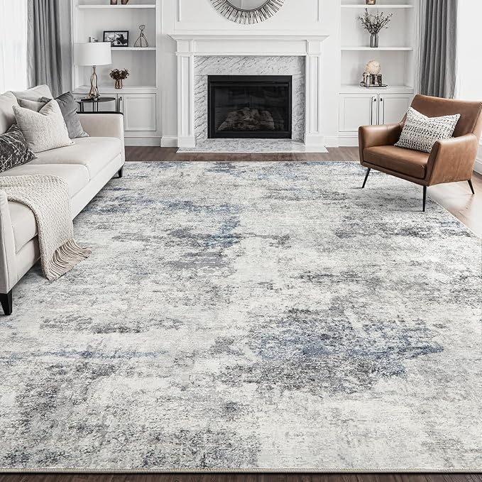 DMOYEST 10x12 Area Rug for Living Room Washable Abstract Indoor Carpet | Neutral Modern Low Pile Rugs Kid & Pet Friendly Large Soft Thin Carpet for Bedroom Dining Room - Grey Blue
