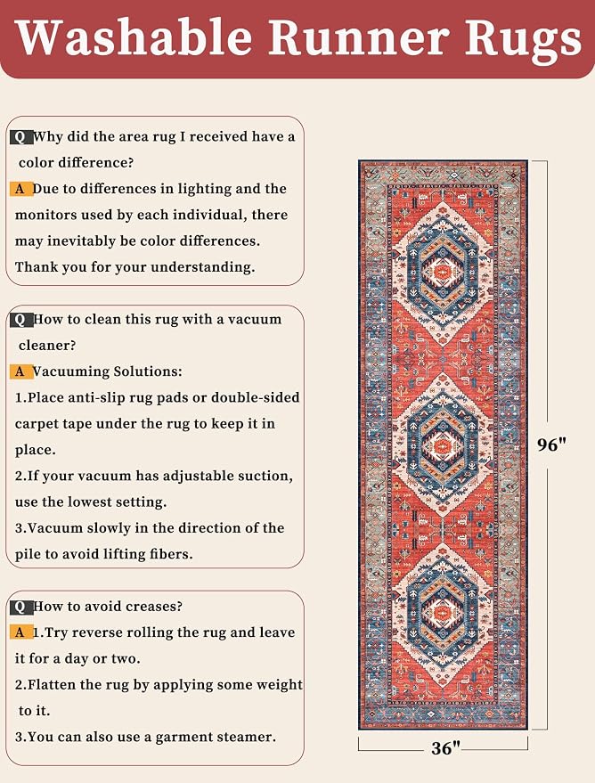 SERISSA 3x8 Washable Non Slip Boho Runner Rug for Hallway，Rust | Ultra Soft Vintage Oriental Carpet Low-Pile Long Tribal Floor Carpet for Stair Kitchen Bedroom Bathroom Laundry Room