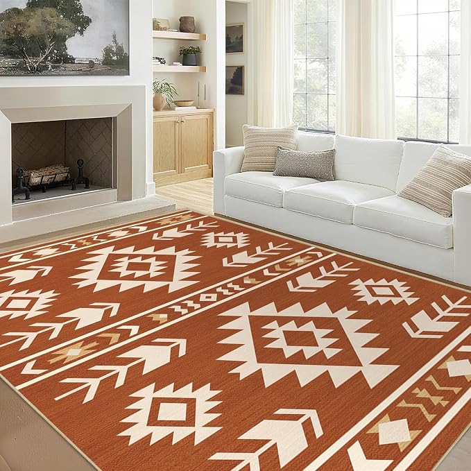 Area Rug 6x9 Western Rug Living Room Southwestern Aztec Tribal Rugs Southwest Navajo Machine Washable Non-Slip Printed Low-Pile Floor Carpet for Bedroom Dining Room Office, Yellow Brown