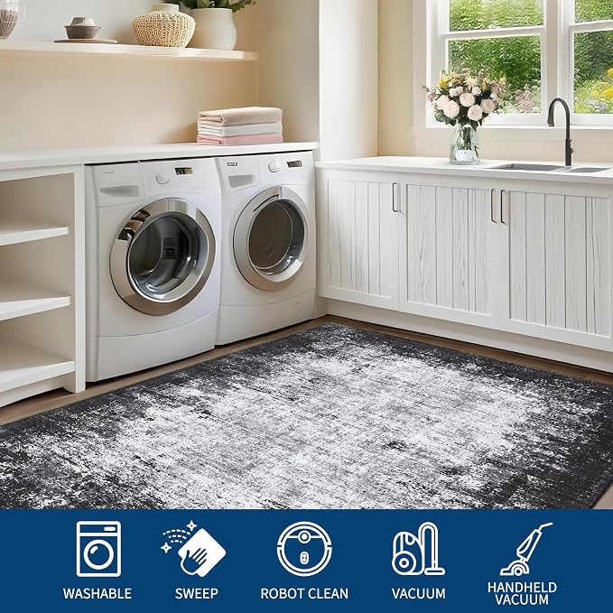 GarveeHome 3x5 Entryway Rug Washable Modern Abstract Small Grey | Non-Slip Backing, Stain-Resistant Low Pile Floor Cover, Colorful Indoor Mat, Bedroom, Kitchen, Laundry