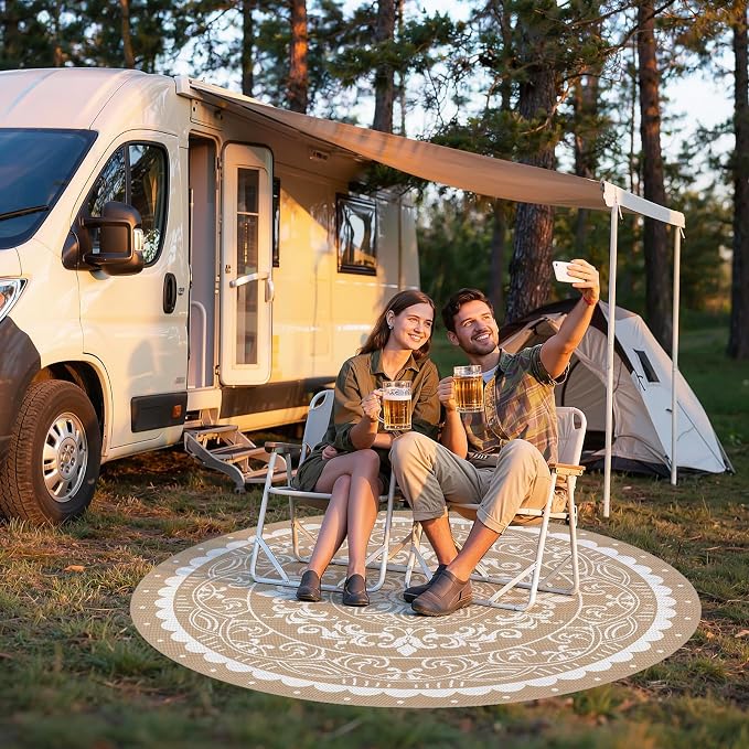 Pauwer Waterproof Outdoor Rug 6ft, Reversible Plastic Straw Patio Camping Rug, Indoor Outdoor RV Mat Carpet for Deck, Camper, Porch, Balcony, Backyard, Picnic, Paisley Brown
