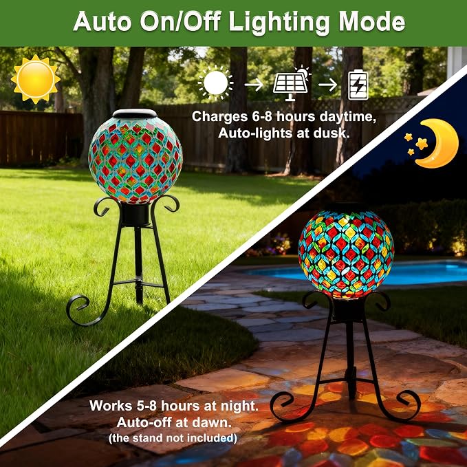 VOREEN 8" Solar Mosaic Glass Garden Ball, IP45 Waterproof Globe Yard Light, Automatic Dusk-to-Dawn Colorful Landscape Lamp for Patio Lawn Pathway Outdoor Decoration