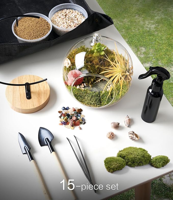 LUCKYRUNES DIY Terrarium Kit with Live Moss, 15-Piece Glass Globe Set with Wooden Stand, Tools, Soil, Stones & Spray Bottle, Indoor Mini Garden Gift for Plant Lovers, Home Desk Decor