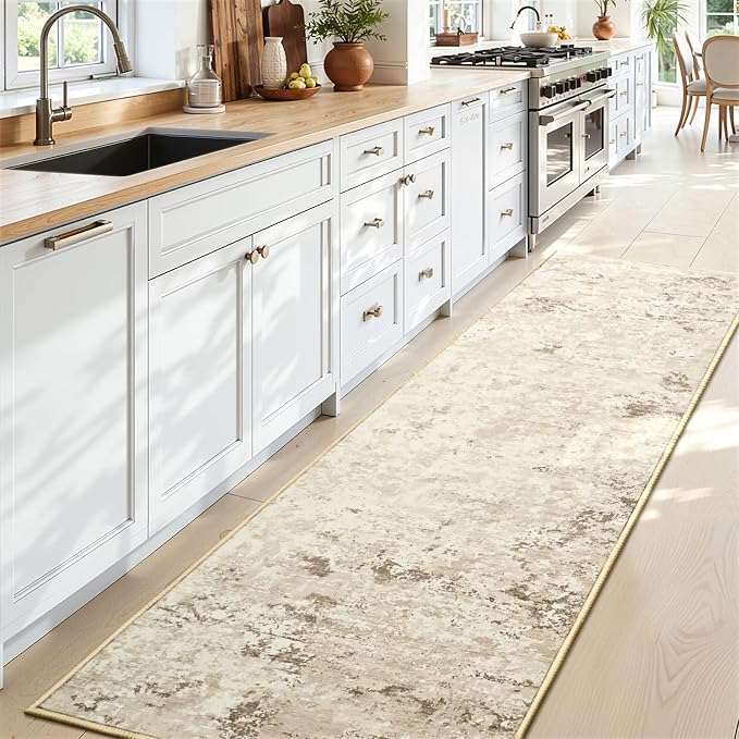 Toneed Washable 2x8 Non-Slip Abstract Runner Rug for Hallway Kitchen | Soft Modern Low Pile Area Rugs for Bedroom Laundry Living room,Indoor Carpet for Bedside Home Decor, Beige