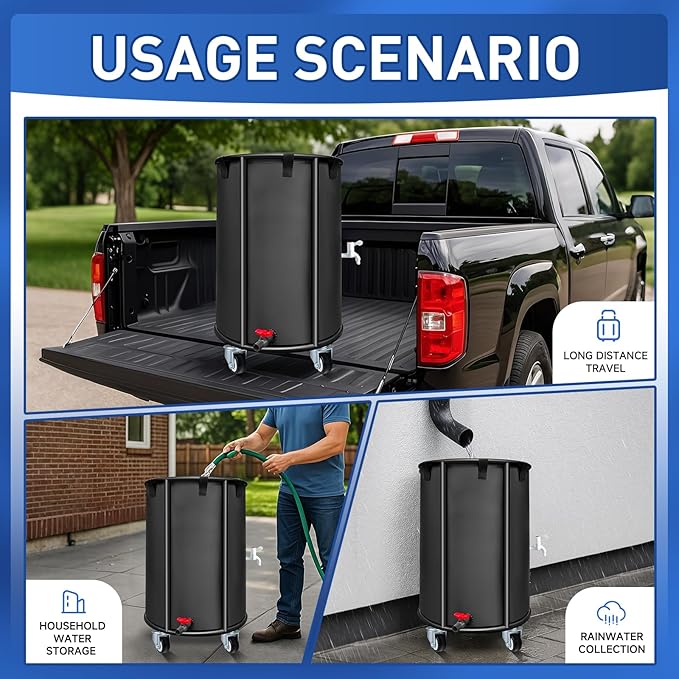 Outdoor Rainwater Collector, Mobile Portable, 30 Gallon, Black - Rainwater Collection Storage Container with Faucet, Mobile Frame, Strainer and Side Faucet