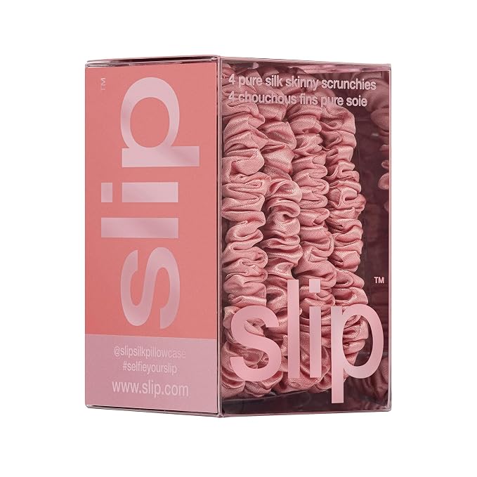 Slip Silk Hair Ties — Skinny Silk Rose Scrunchies, No Damage, No Crease, Anti-Breakage |100% Mulberry Silk | All Hair Types | Made with Proprietary Slipsilk™ | Set of 4