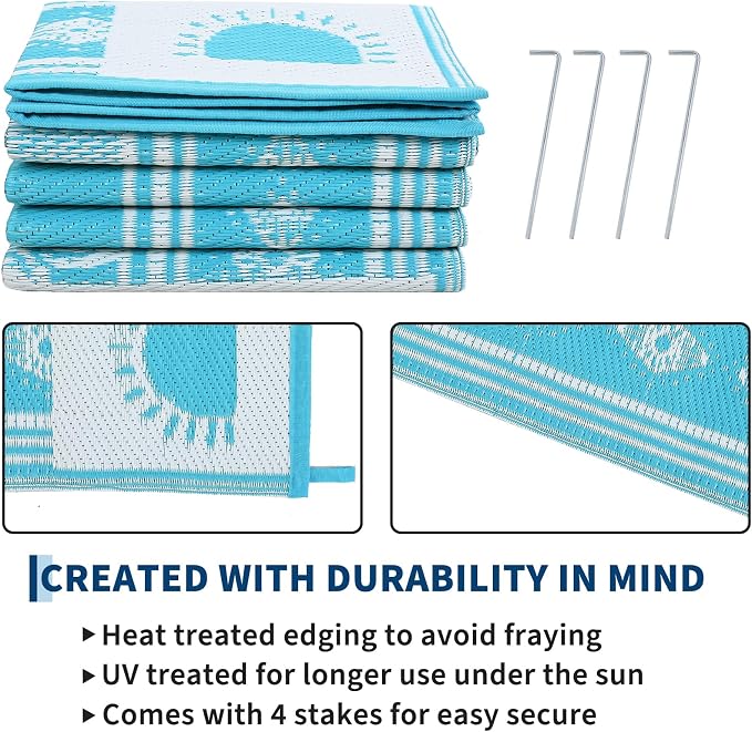 Garvee Reversible Teal Blue Outdoor Rug 8x10 for Patio, Waterproof Outdoor Area Rug, Modern Desert Botanical Indoor Outdoor Rugs, Plastic Straw Rug for RV, Camping, Deck, Cactus