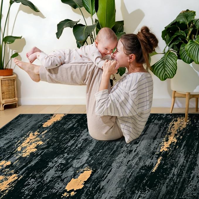 Toneed Washable 5x7 Area Rug with Non-Slip Backing for Living Room | Abstract Modern Rugs, Soft Low Pile Carpet for Bedroom Kitchen Dining Room Nursery Indoor Floor Office Home Decor, Black Gold
