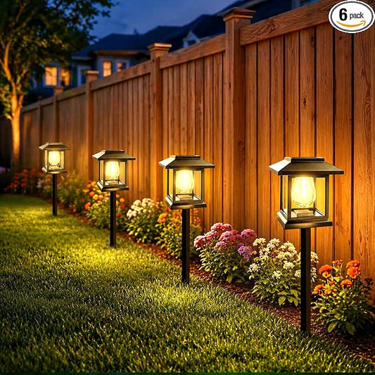 6-Pack Solar Pathway Lights - High-Efficiency Polycrystalline Panels for All-Night Glow - IP65 Waterproof Outdoor Landscape Lighting for Garden, Walkway & Driveway Security (Black)