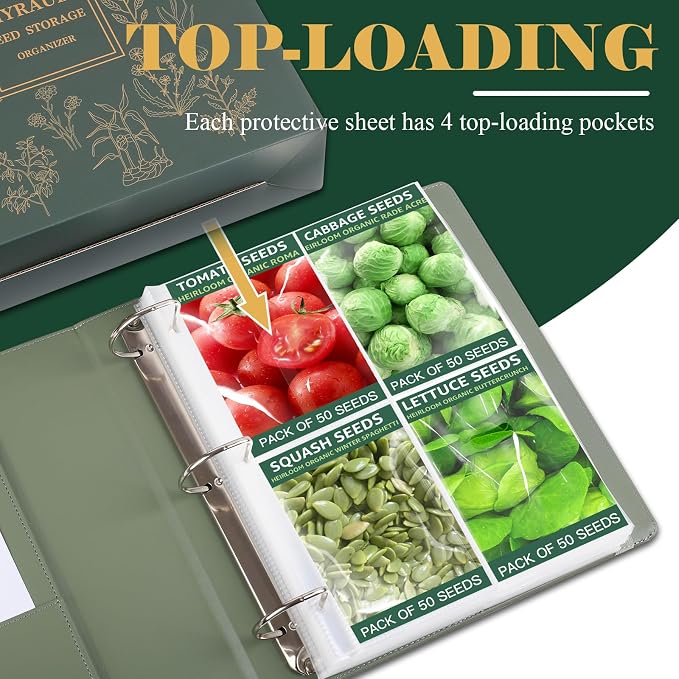Seed Storage Organizer, Binder with 50 Pack Sheet Protectors that stores 200 Seed Envelopes, PU Leather Cover, 2.5" D-Ring Binder, Gift For Garden Lover