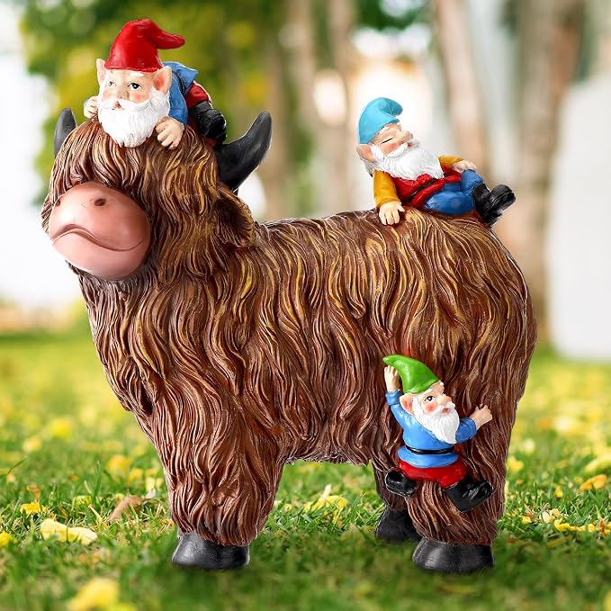 Suzile Garden Gnomes Statues Decor 9.84'' Highland Cow Garden Statues Resin Gnome Sitting on Highland Cow Birthday Gifts for Woman Mom for Home Table Yard Patio Lawn Porch