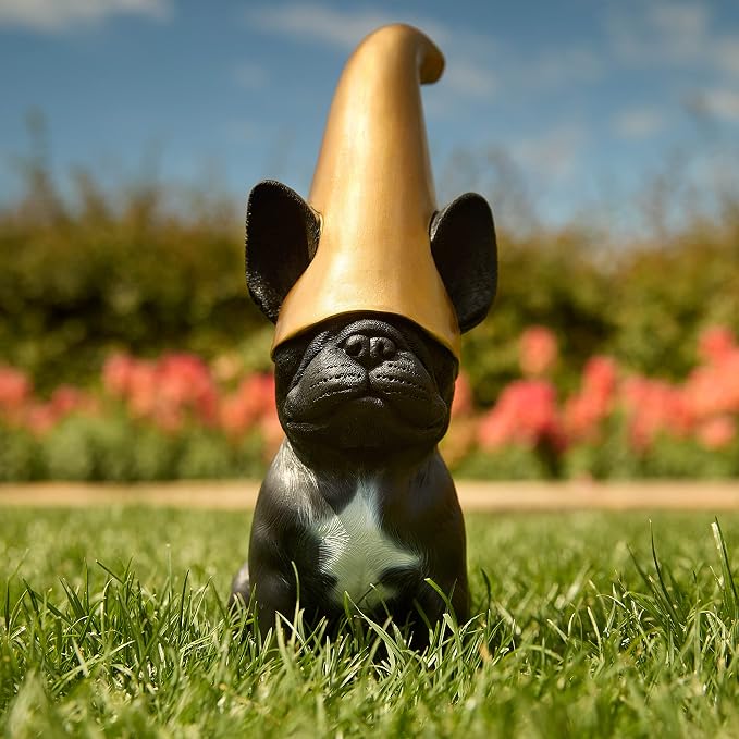 Frenchie Gnome - Black Frenchie Statue with Gold Hat | Doodle Gnome Cute French Bulldog Decor Garden Gnome