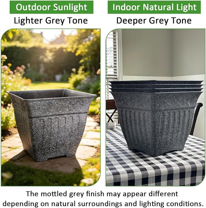 18" Large Square Planter for Plants - 4 Pack Imitation Cement Plastic Flower Pots with Drainage Holes & 2cm Raised Base, 14 Gal Decorative Stone Like Garden Pot, Retro Plant Container (15" Tall)