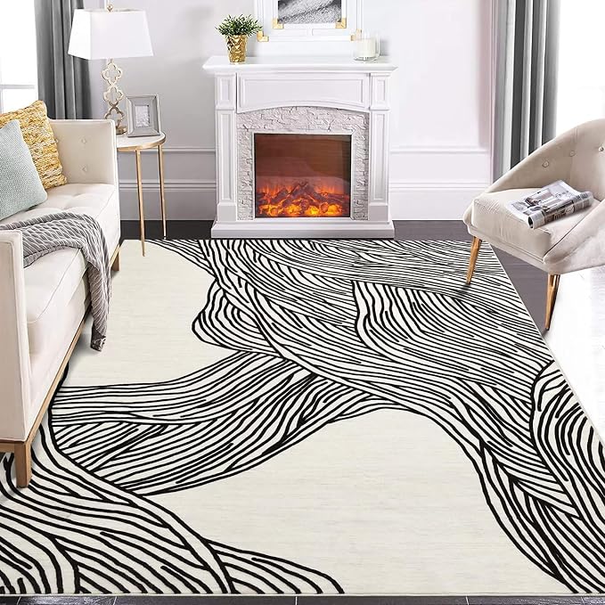GAOMON 10x13 Large Washable Indoor Rug - Modern Abstract Aesthetic Lines Printed Soft Faux Wool Floor Cover - Low Pile Non-Slip Accent Foldable Thin Rug for Living Room Bedroom - Beige