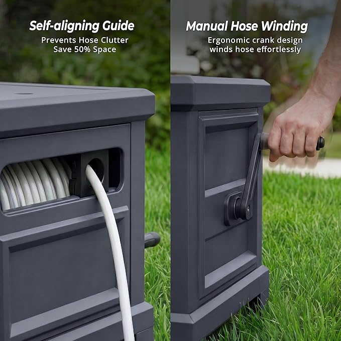 Garden Hose Reel Hideaway, Heavy Duty Metal Hose Reel Box Holds 125FT x 5/8" Hose, Steel Hose Storage Box with Manual Crank, Hose Guide and Leak-Proof Aluminum Connections, Stable 4-Leg Base