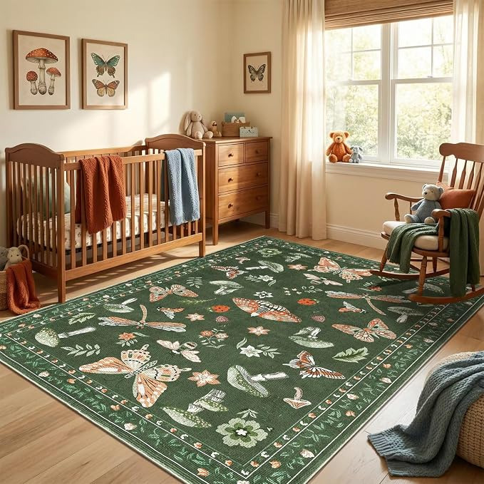 ROYHOME Mushroom Washable Rugs 5x7 for Living Room Low-Pile Whimsical Cottage Core Insect Bug Butterfly Funky Dark Gothic Decor for Bedroom Nursery Dining Room Olive Green