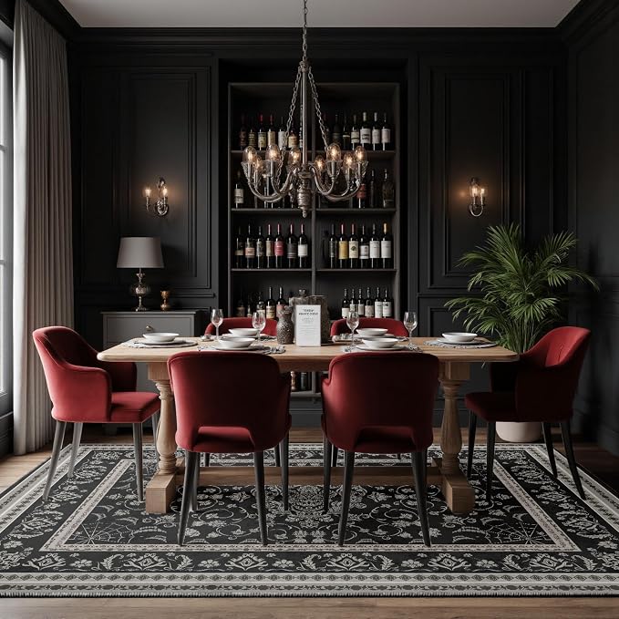 Nayoroom Black Gothic Spider and Fang Area Rug, Machine Washable, 8 x 10 ft | Spiderweb, skull and fang motifs;Halloween rug; Dark Academia pattern; Soft ; Non-slip backing; Bedroom or living room