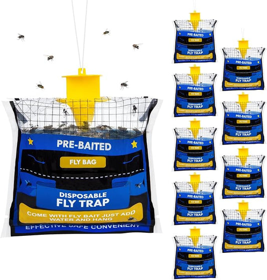10 Pack Fly Traps Outdoor Hanging for Patio, Outdoor Disposable Hanging Fly Trap with 30g Bait, Bug Fly Hunter Catcher Killer Control for Barn Horse Ranch Chicken Coop