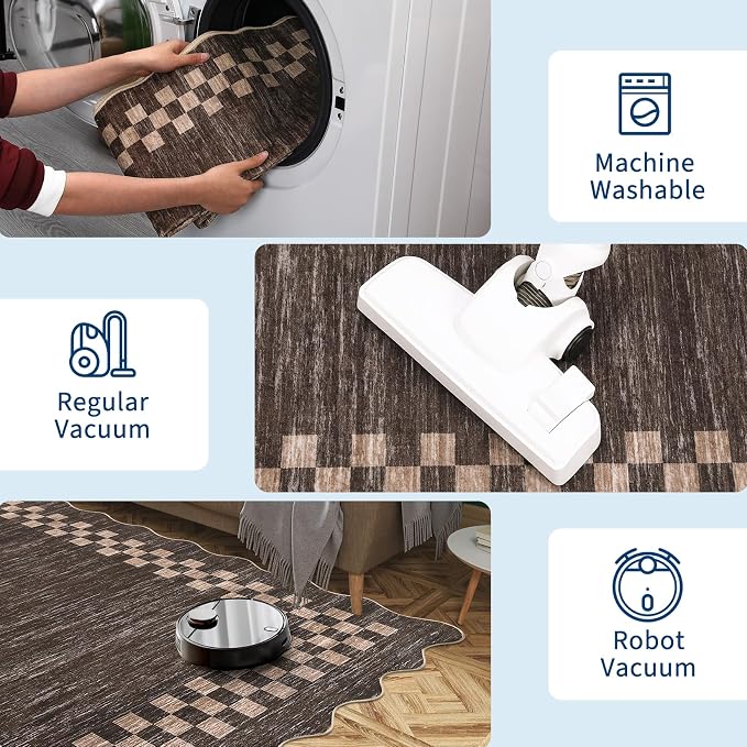 GarveeHome Washable Runner Rug 2x10 Modern Bordered Hallway Runner Rug | Non Slip Kitchen Throw Carpet Checkered Entryway Runner Rugs Low Pile Solid Area Rugs for Living Room Bedroom Nursery, Brown