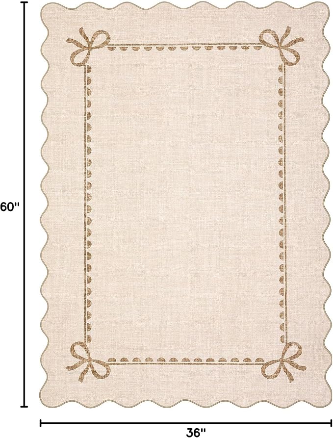 GarveeHome Scalloped Bow Rug 3x5 Washable Beige Rug for Bedroom Living Room | Non Slip Soft Low Pile Indoor Carpet for Nursery Girls Bedroom Decor Hallway Kids Room College Dorm Playroom