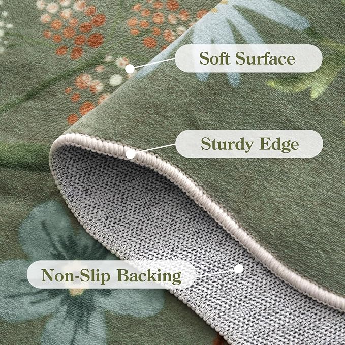 Lahome Floral Washable Round Area Rug, Soft Round Rugs 6ft Ultra-Thin Non-Slip, Boho Large Circle Carpet for Bedroom Living Room Kitchen Nursery, Green
