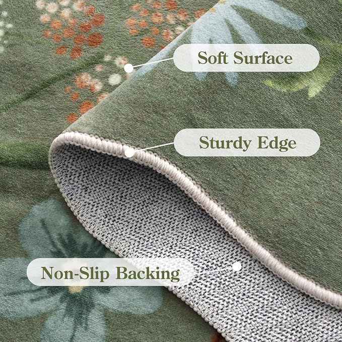 Lahome Floral Washable Rugs 8x10, Soft Green Rugs for Living Room Bedroom | Non-Slip Ultra-Thin Stain Resistant, 8x10, Rugs Boho Accent Carpet for Dining Room Office Flore (8x10ft, Green)